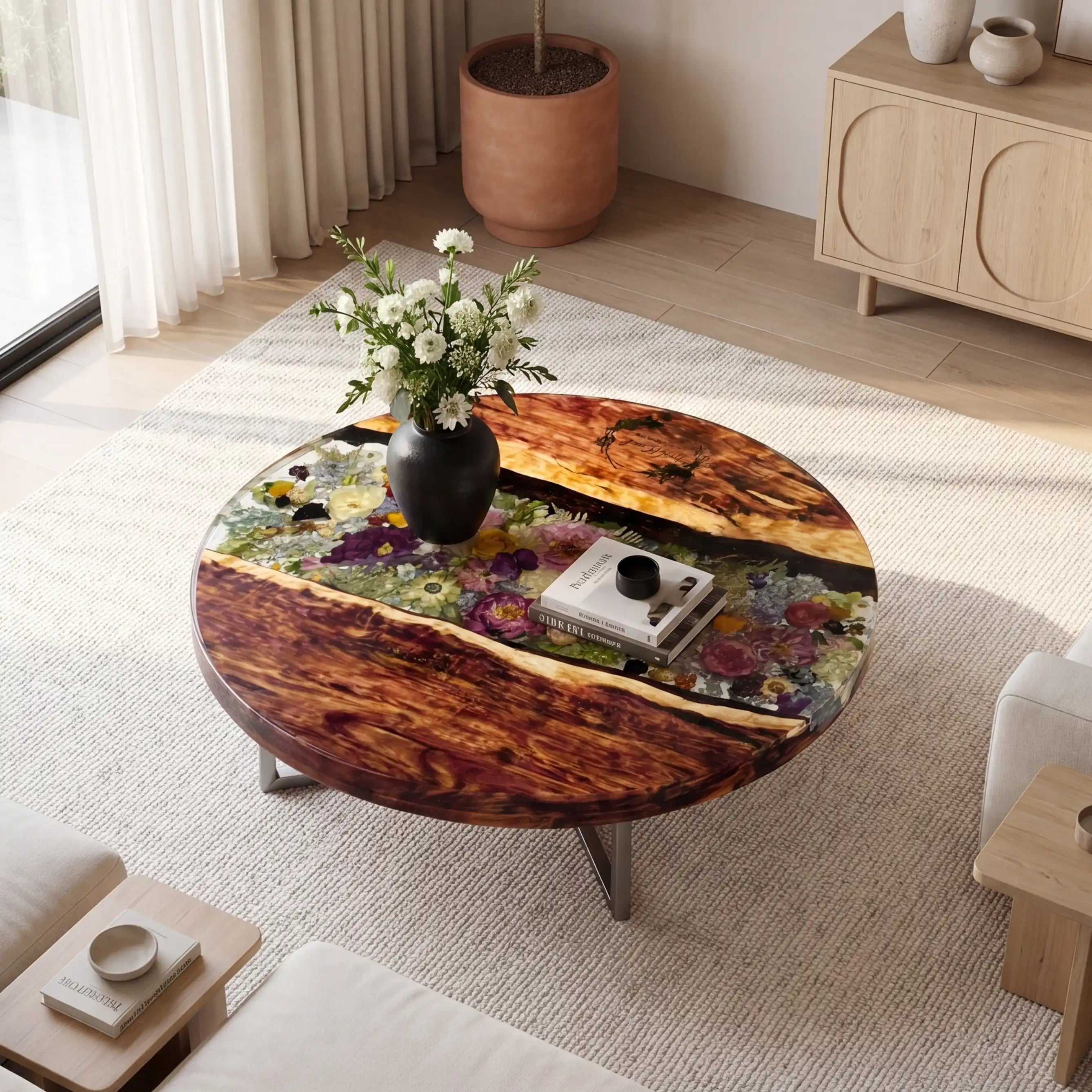Walnut & Floral Resin Round Coffee Table WRT32