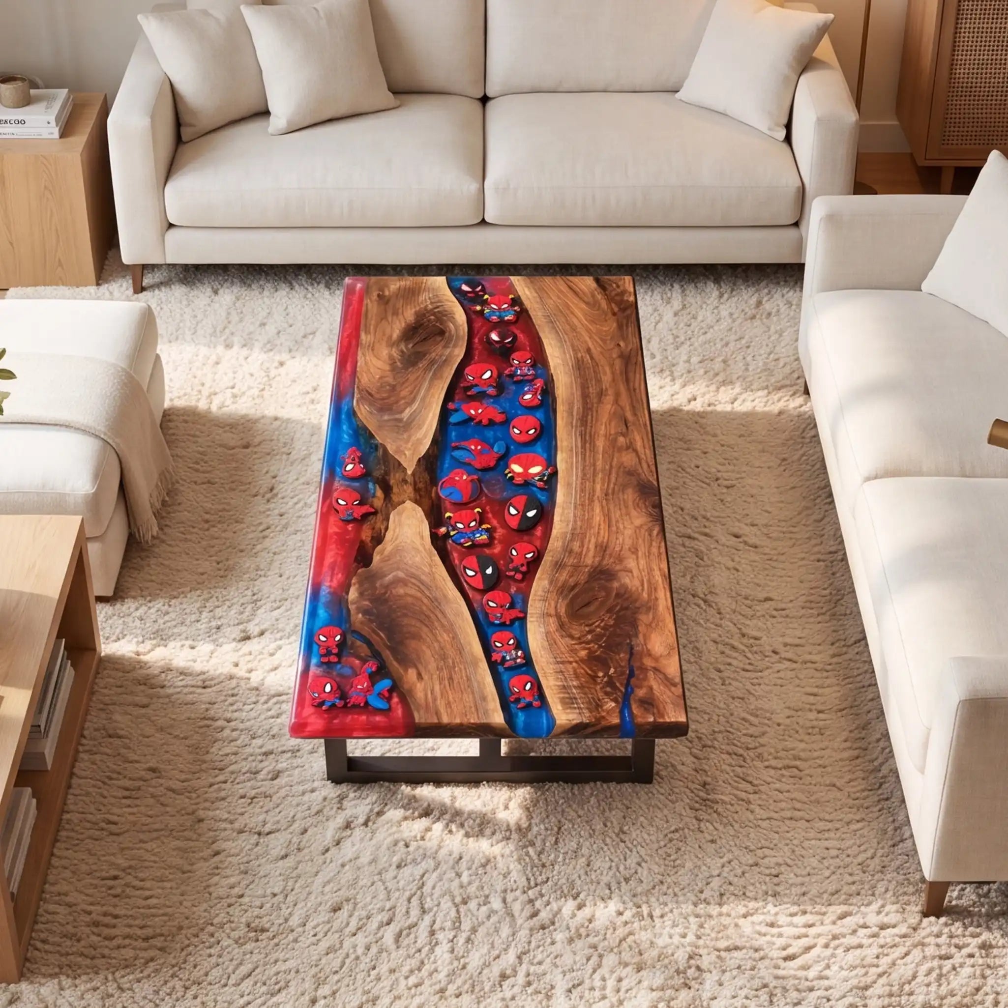 Walnut & Red-Blue Retro Figure Resin Round Coffee Table WBT55