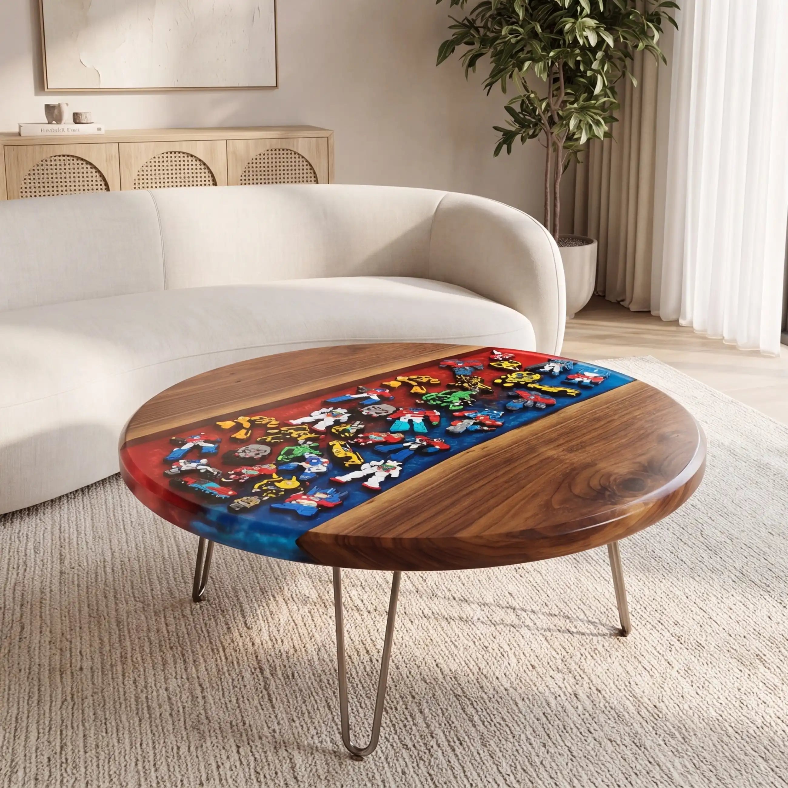 Walnut & Red-Blue Retro Figure Resin Round Coffee Table WB51