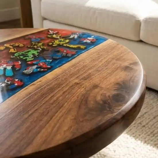 Walnut & Red-Blue Retro Figure Resin Round Coffee Table WB51