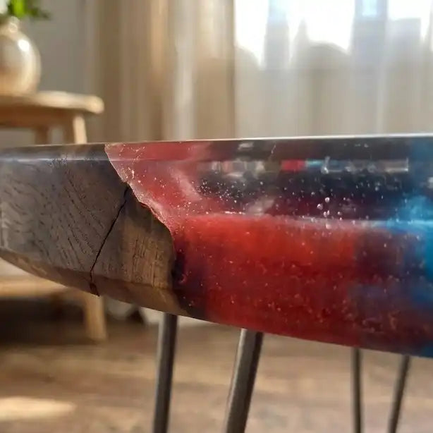 Walnut & Red-Blue Retro Figure Resin Round Coffee Table WB51