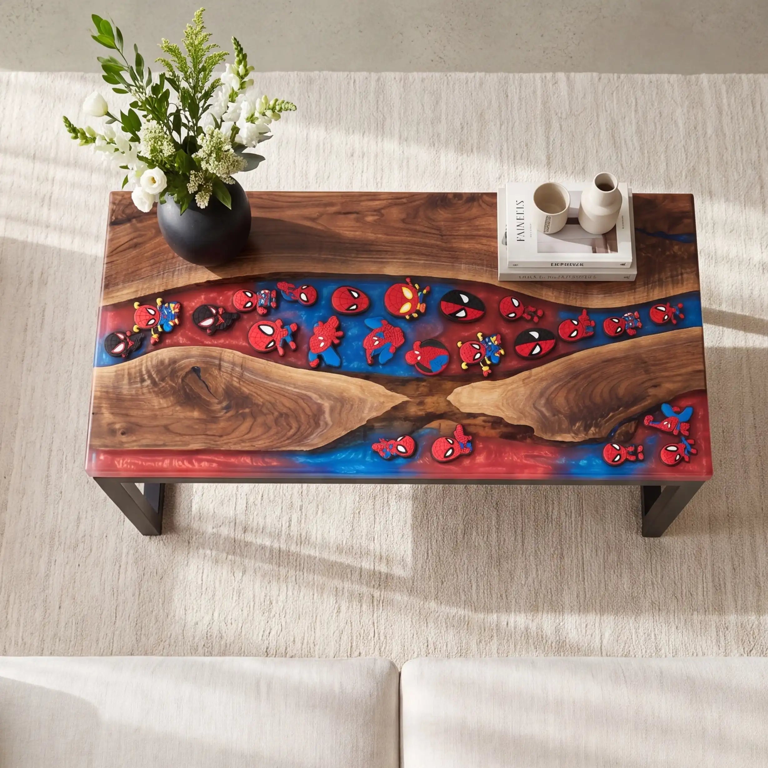 Walnut & Red-Blue Retro Figure Resin Round Coffee Table WBT55