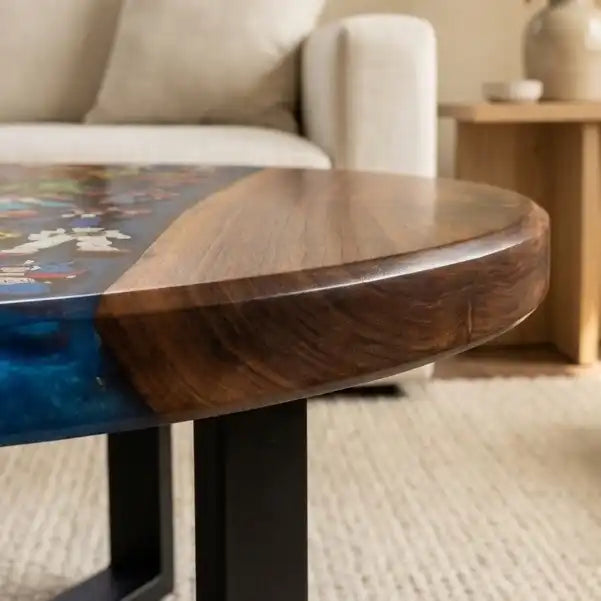 Walnut & Red-Blue Retro Figure Resin Round Coffee Table WB51