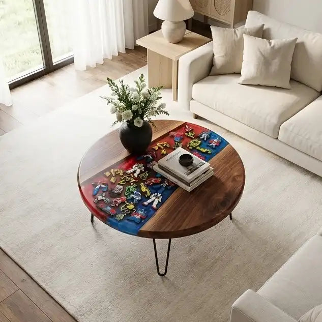 Walnut & Red-Blue Retro Figure Resin Round Coffee Table WB51