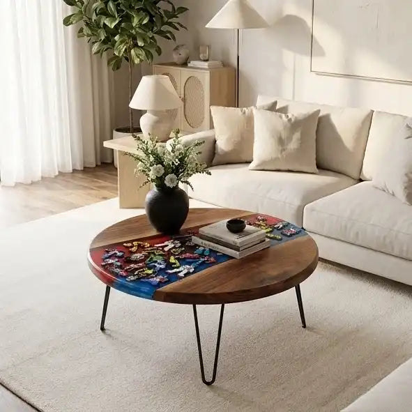 Walnut & Red-Blue Retro Figure Resin Round Coffee Table WB51
