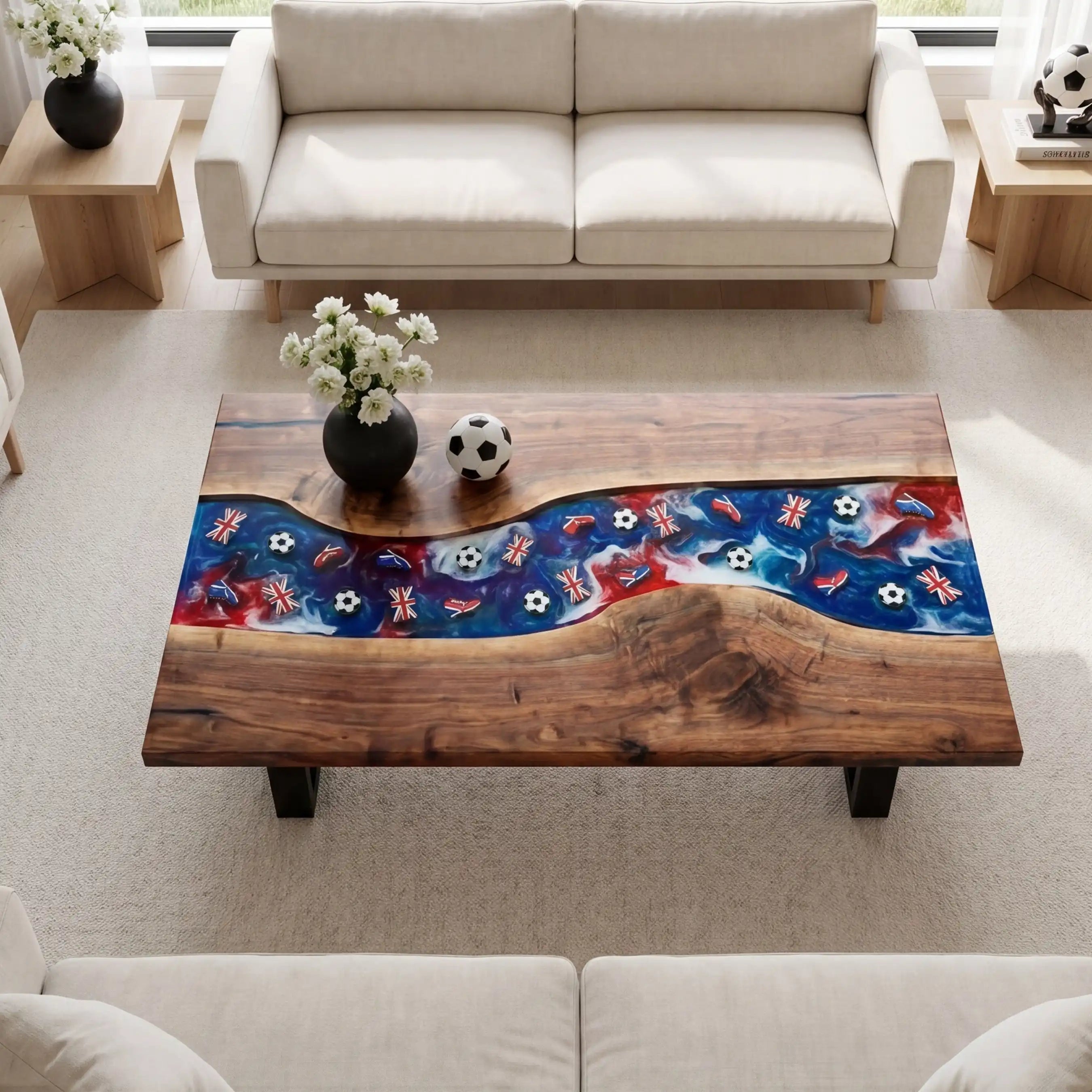 Walnut & UK Soccer Theme Resin Coffee Table WRT20