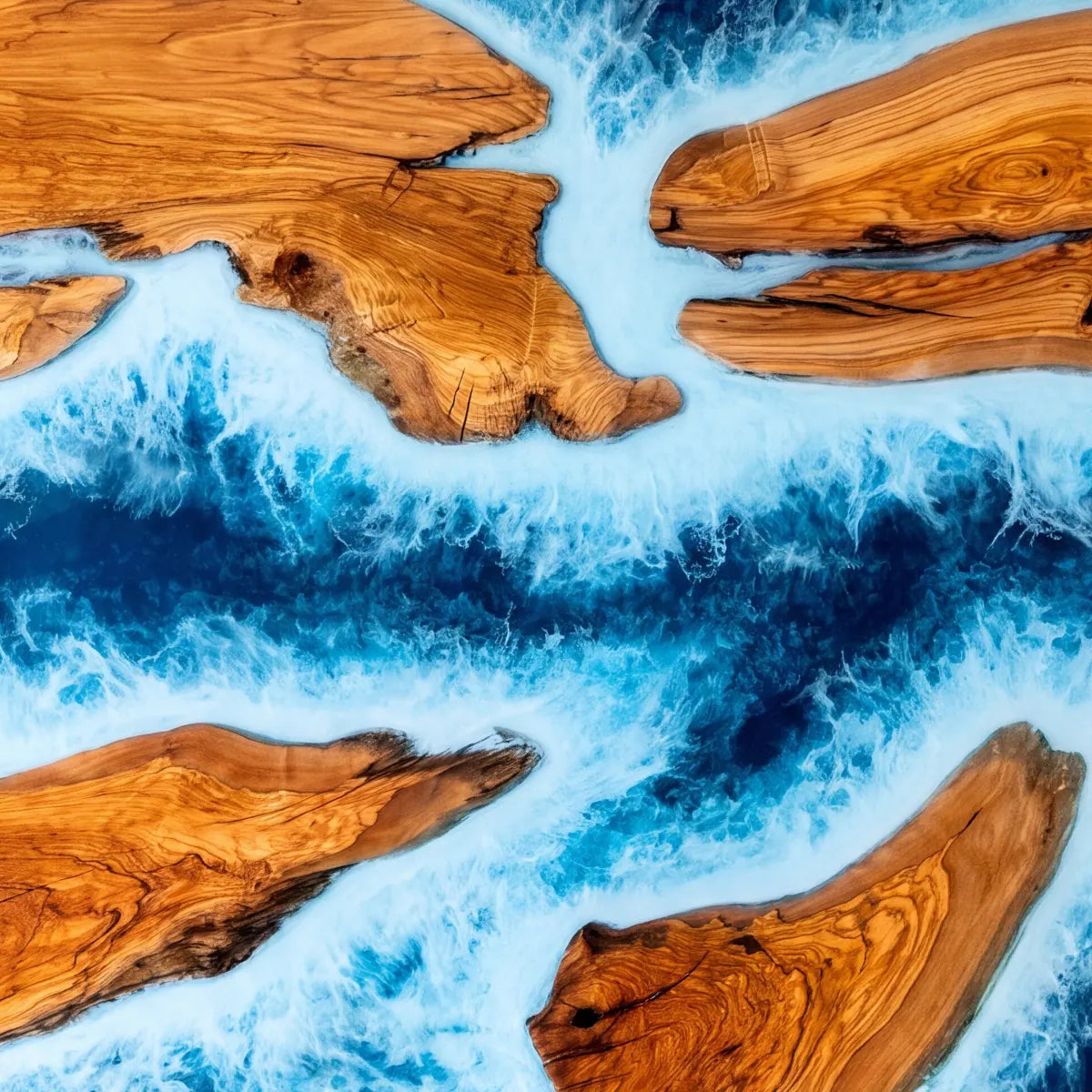 84 x 42 x 2.16 inch Olive Wood Blue Ocean Seawave resin Rectangular dining table photo 5