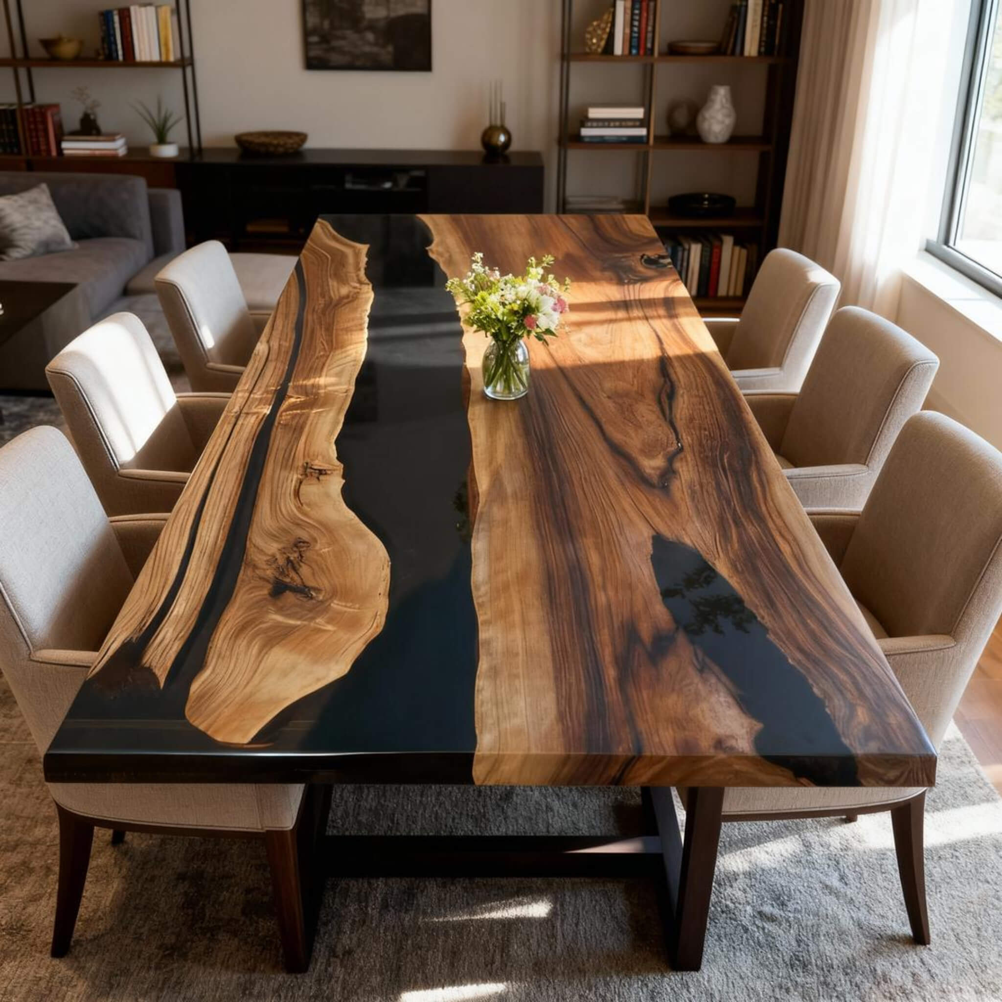 Custom Black Walnut Epoxy Resin River Table Black Resin ERT-50