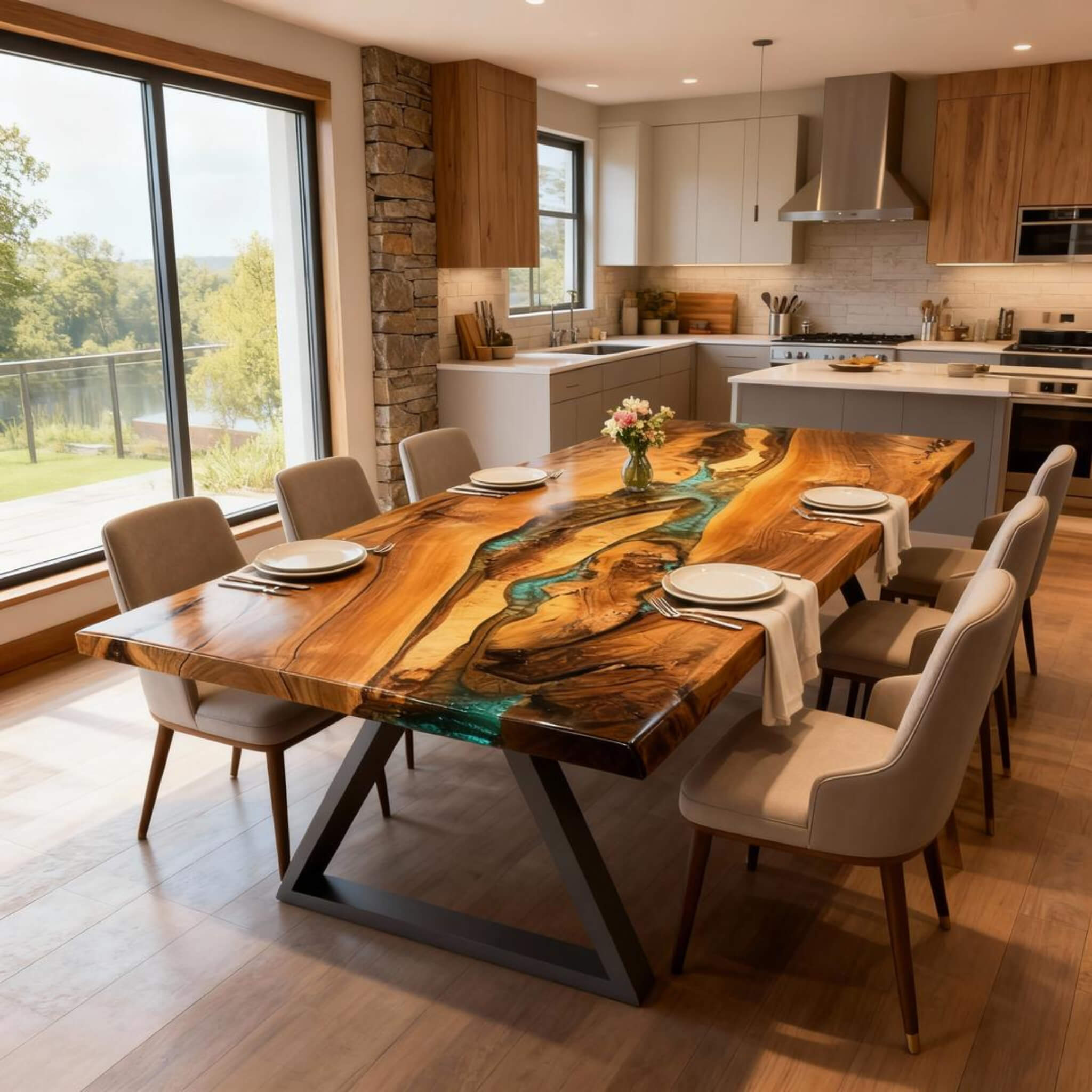 Custom Walnut Epoxy Resin River Table Green Resin QTR-84