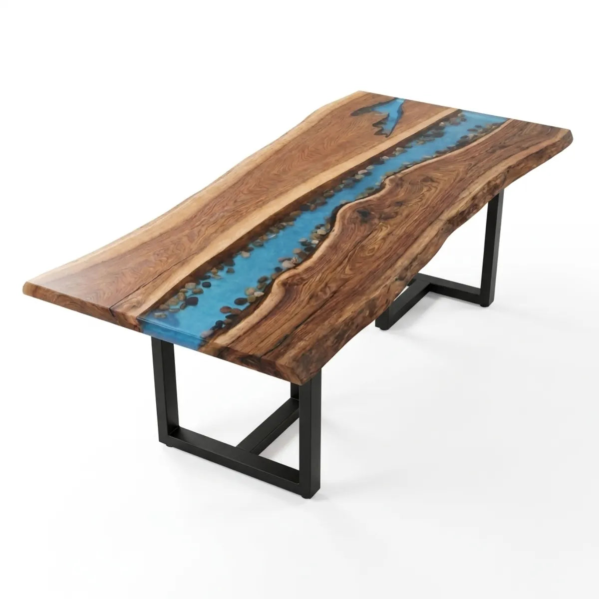 72 x 40 x 1.96 inch Black Walnut Wood blue riverbed resin dining table with black metal U-frame base