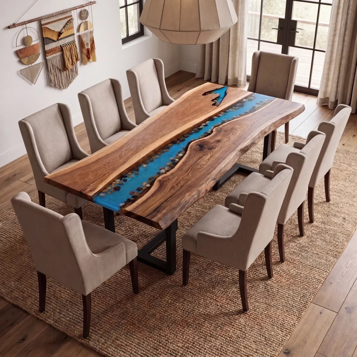 Black Walnut blue riverbed resin dining table in a dining room with six chairs