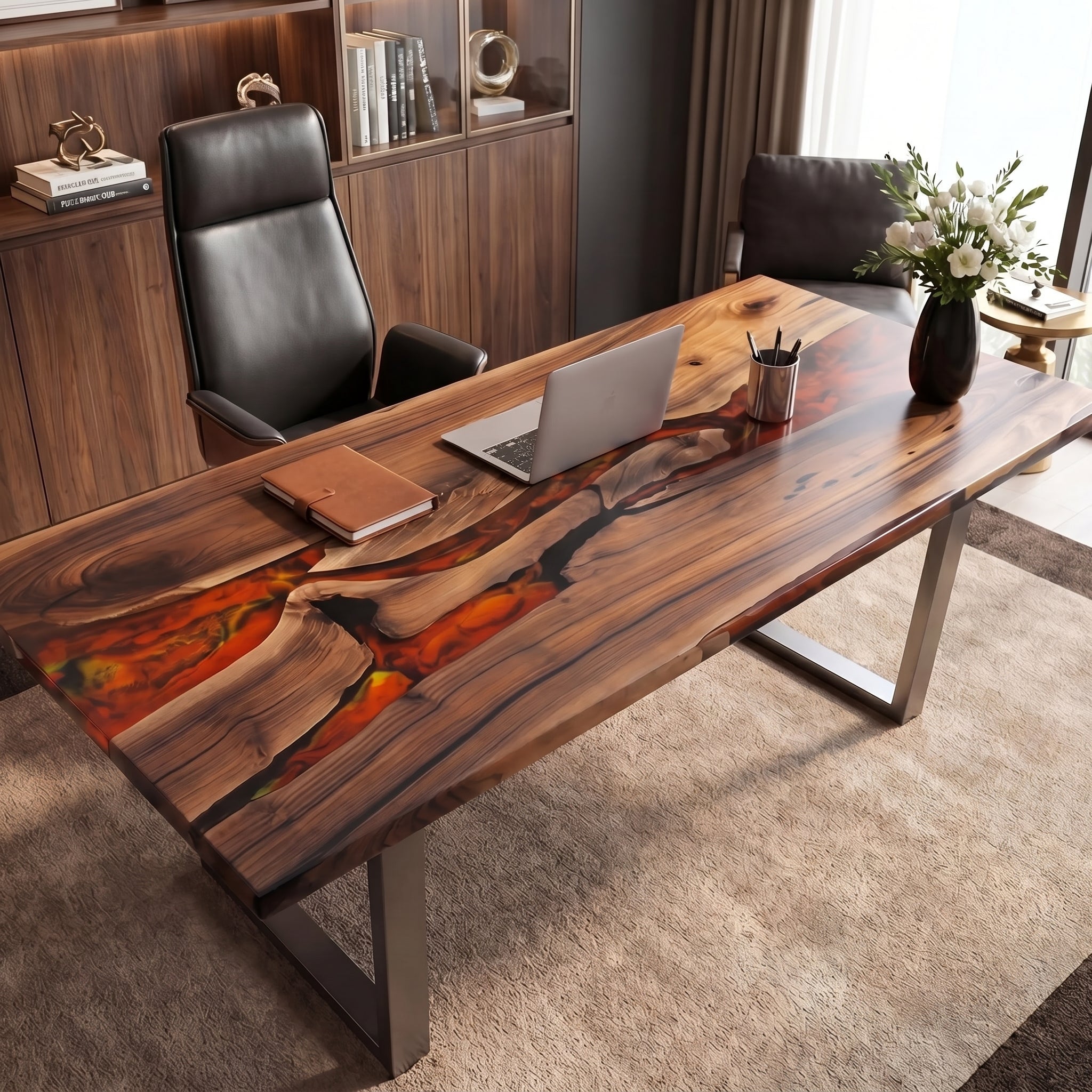 Custom Walnut and Fiery Orange Resin “Magma” Series Desk
